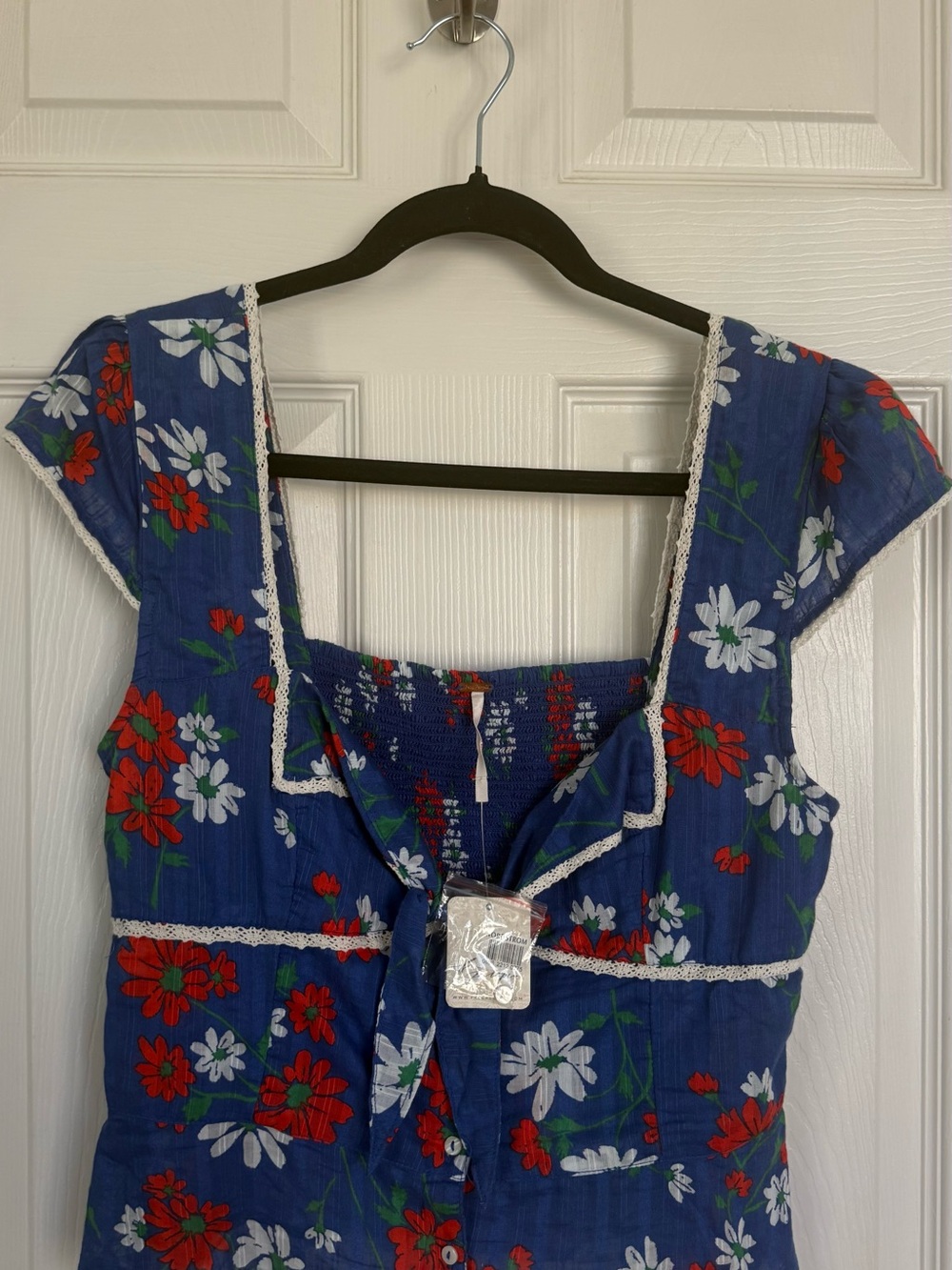 NWT Free People Call Me Baby Blue Quartz Floral Tie-Front Square Neck Blouse🌸❤️💙